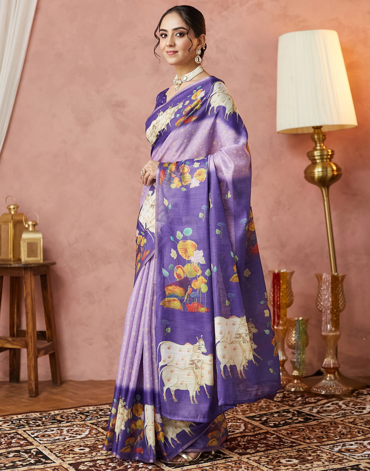 Light Purple Cotton Printed Woven Saree