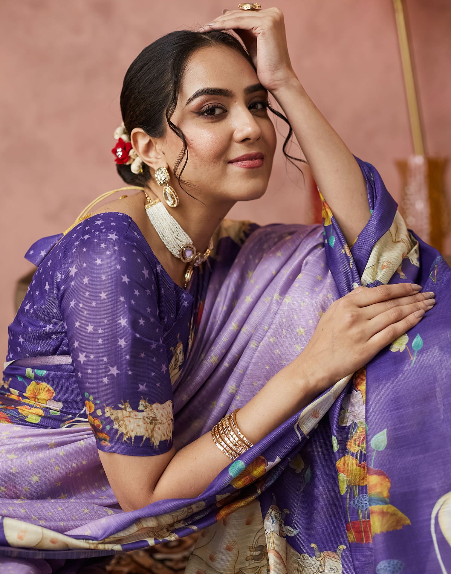 Light Purple Cotton Printed Woven Saree