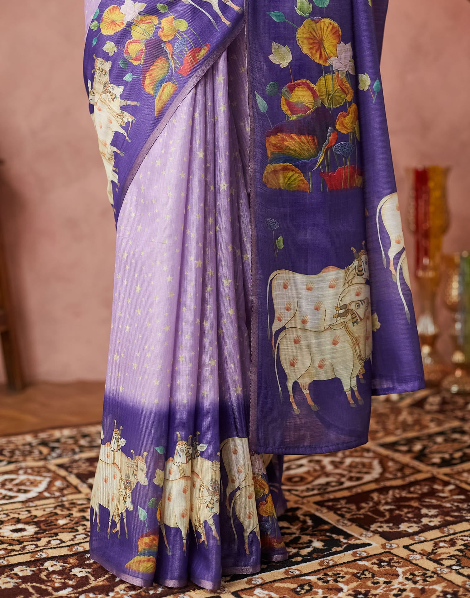 Light Purple Cotton Printed Woven Saree