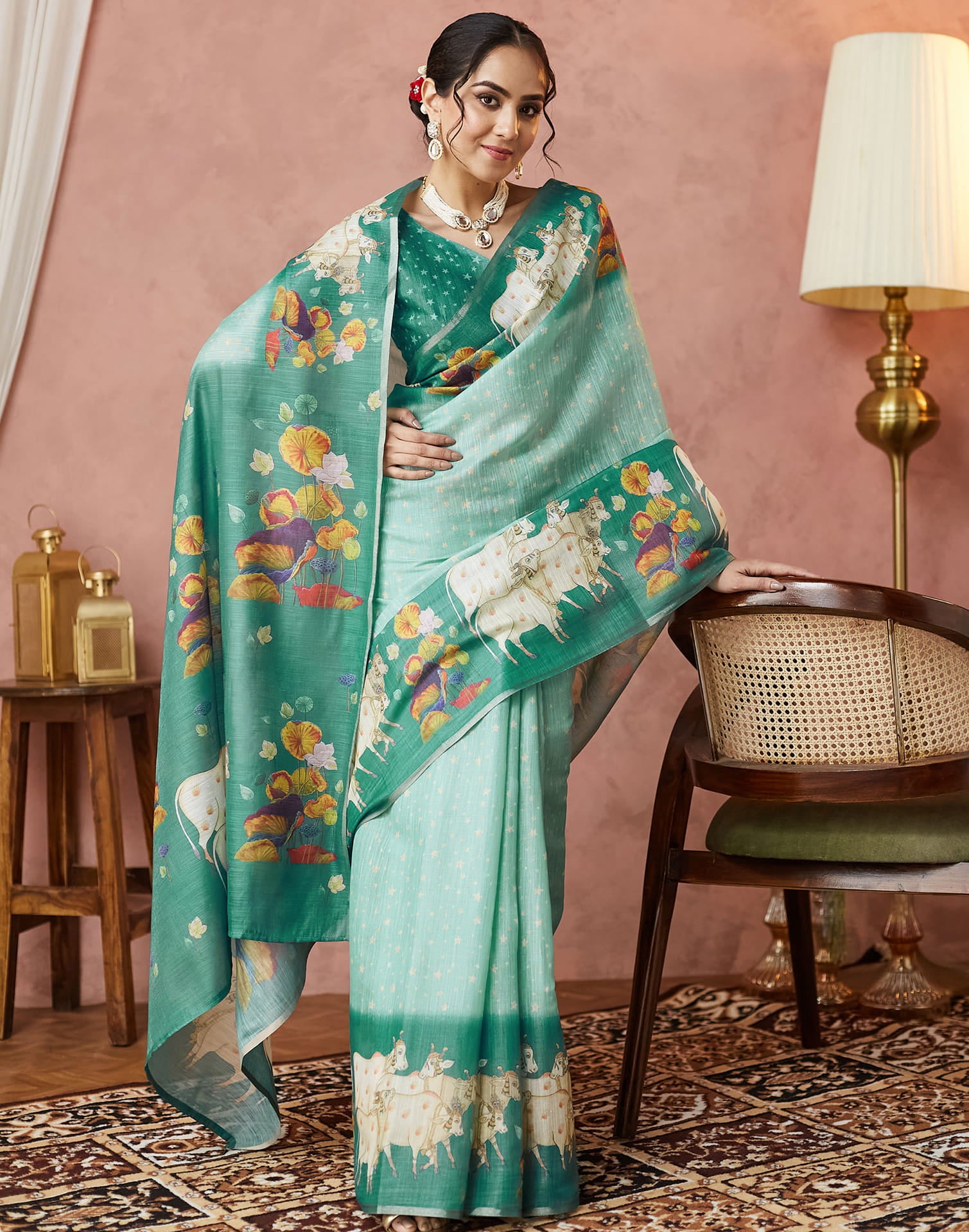 Light Pista Green Cotton Printed Woven Saree