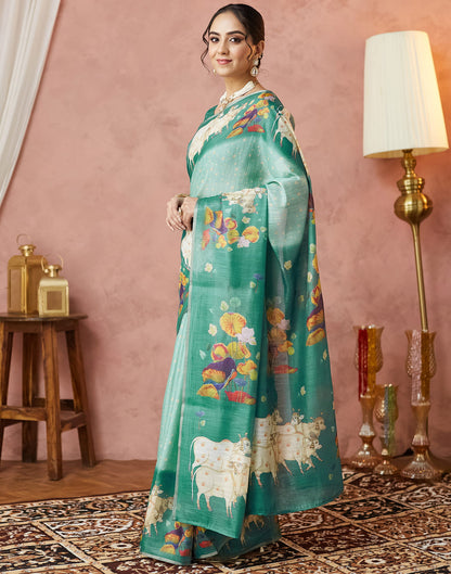 Light Pista Green Cotton Printed Woven Saree