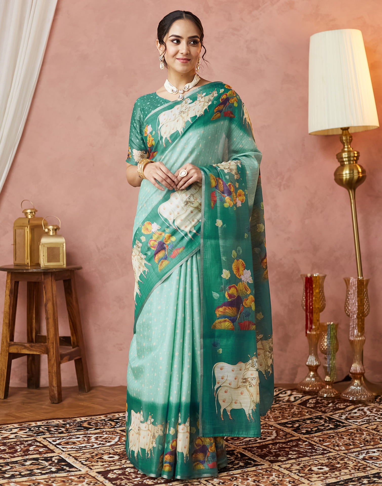 Light Pista Green Cotton Printed Woven Saree