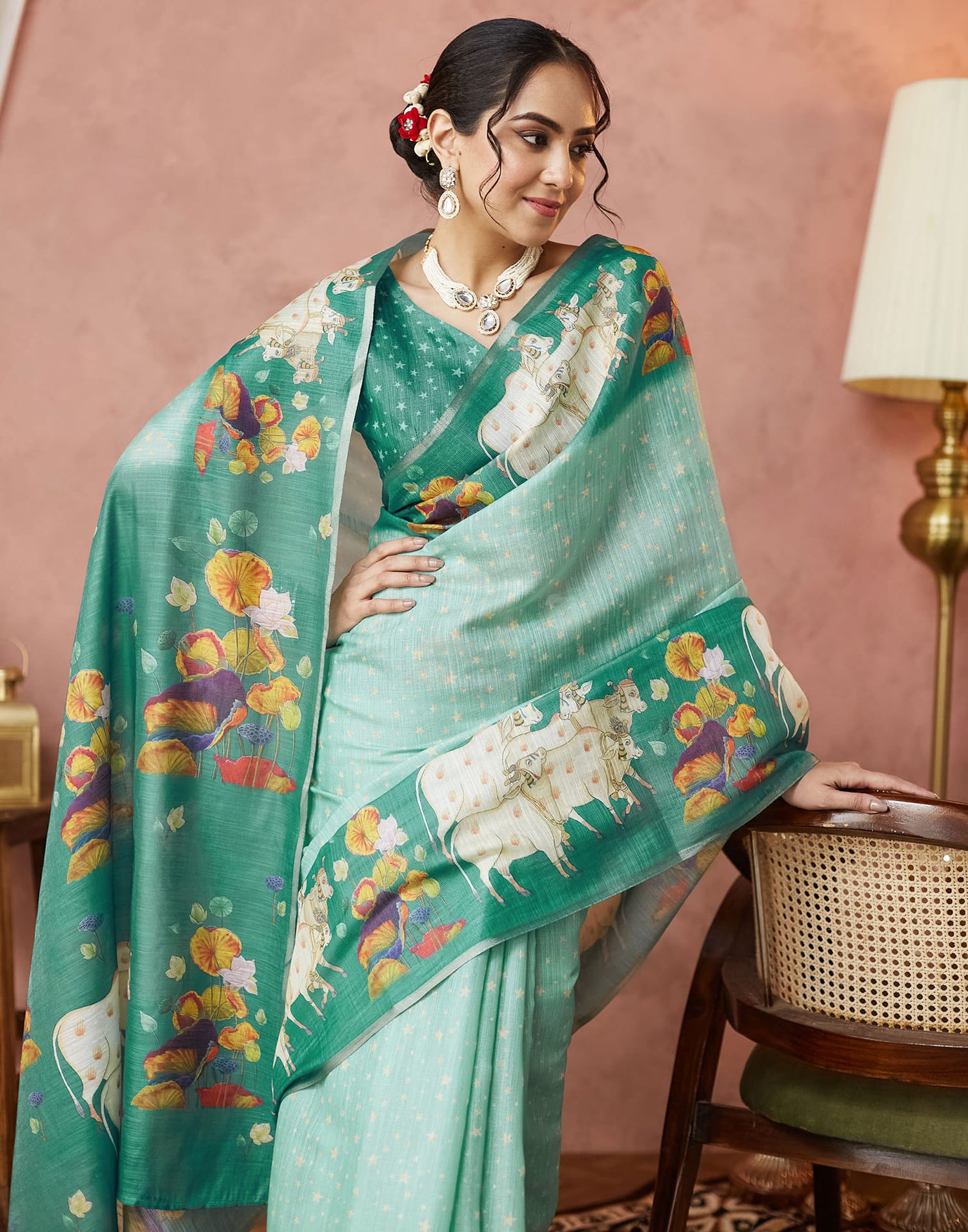 Light Pista Green Cotton Printed Woven Saree