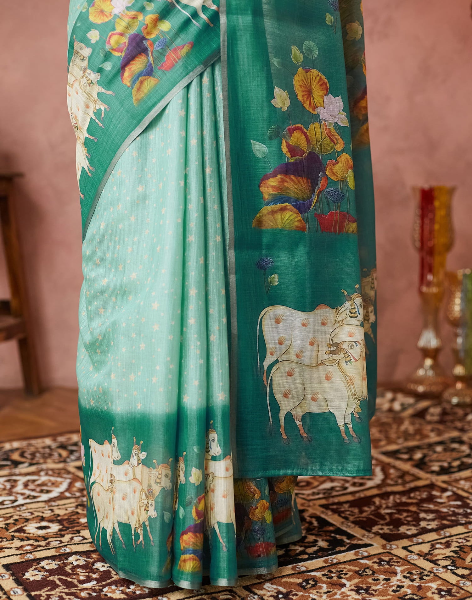 Light Pista Green Cotton Printed Woven Saree