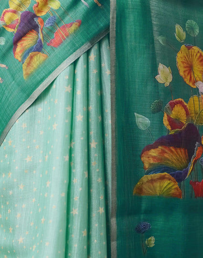 Light Pista Green Cotton Printed Woven Saree