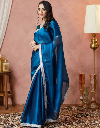 Rama Blue Silk Lace Plain Saree