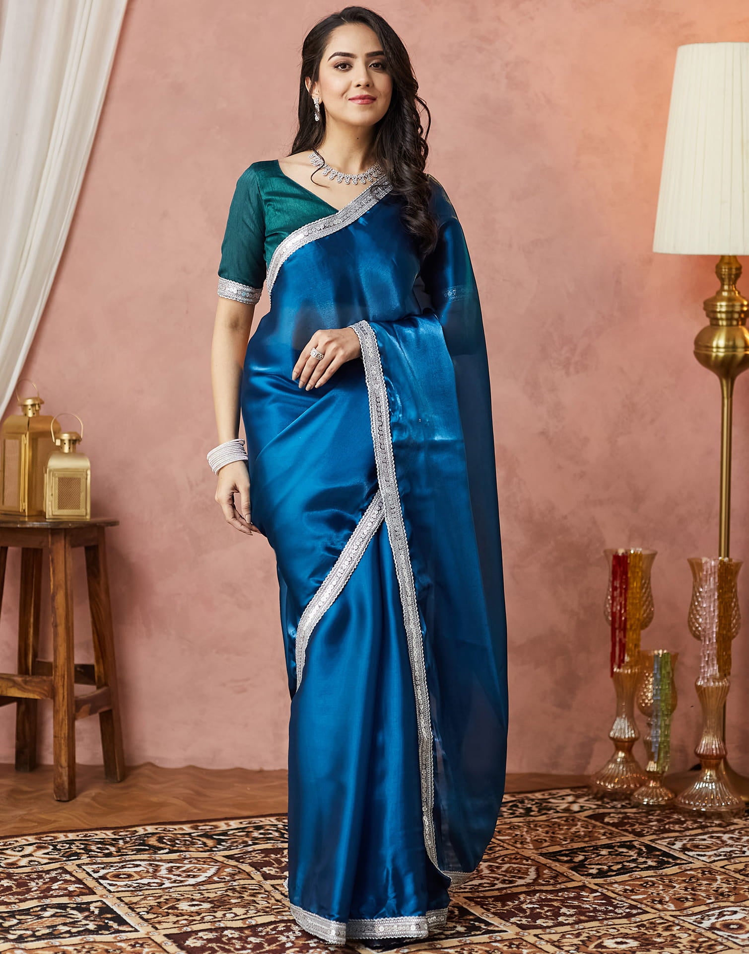 Rama Blue Silk Lace Plain Saree