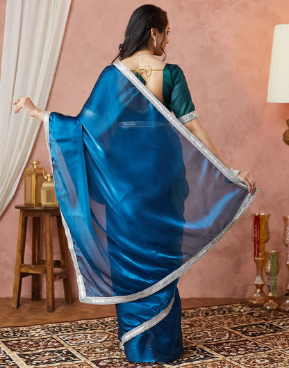 Rama Blue Silk Lace Plain Saree