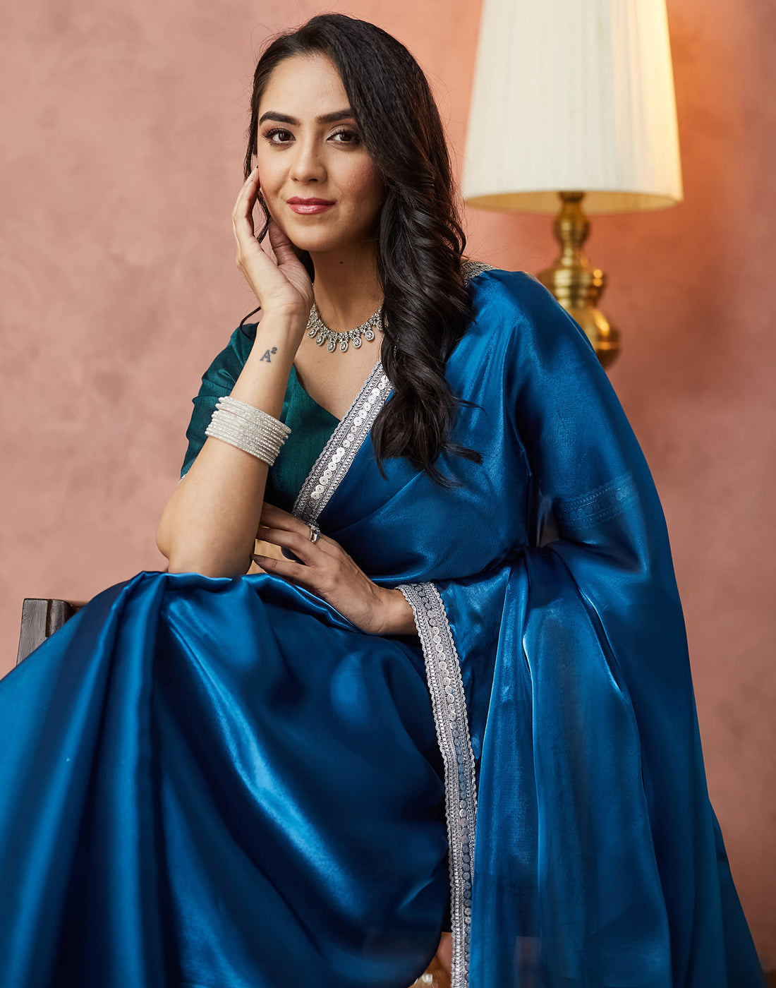 Rama Blue Silk Lace Plain Saree