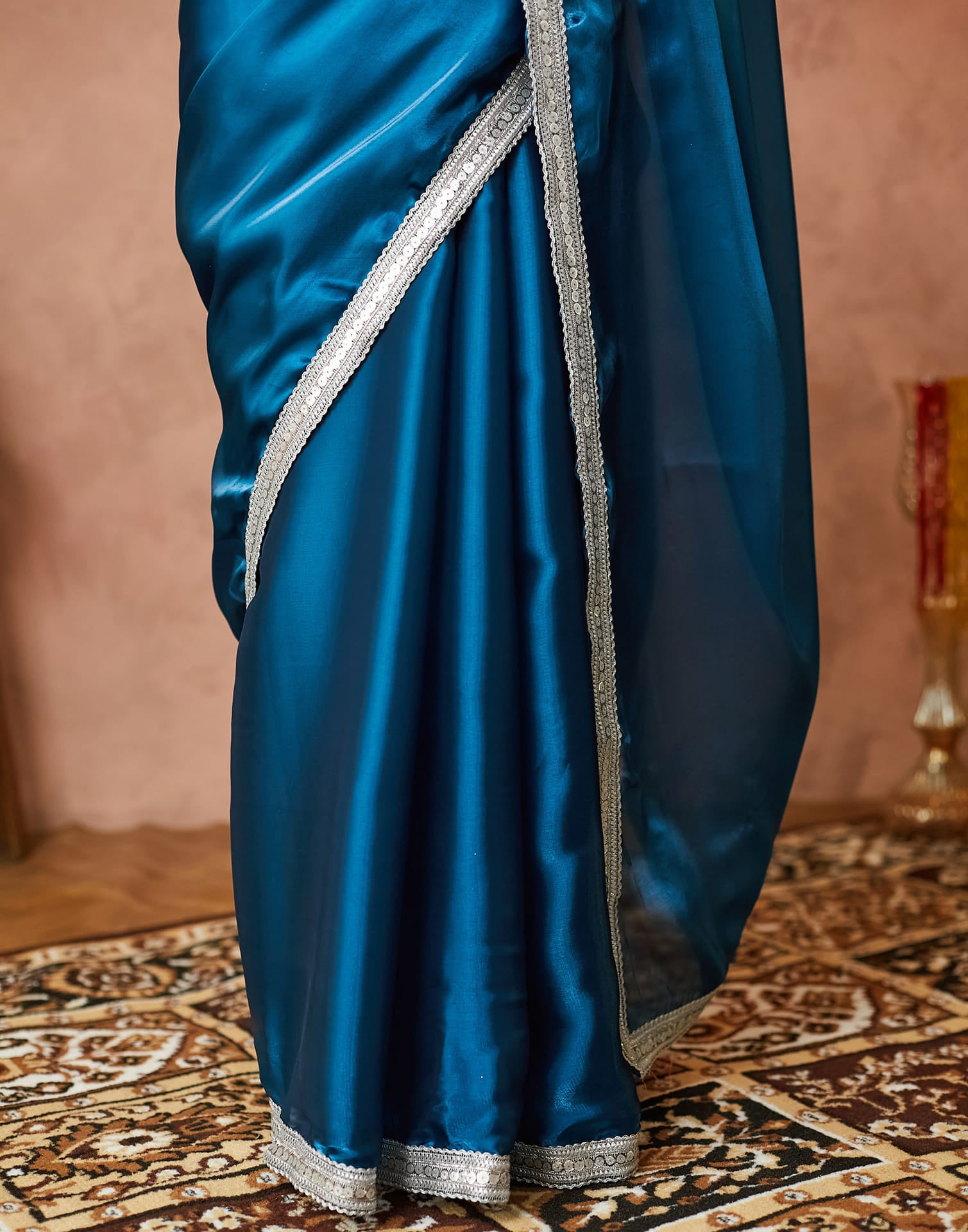 Rama Blue Silk Lace Plain Saree