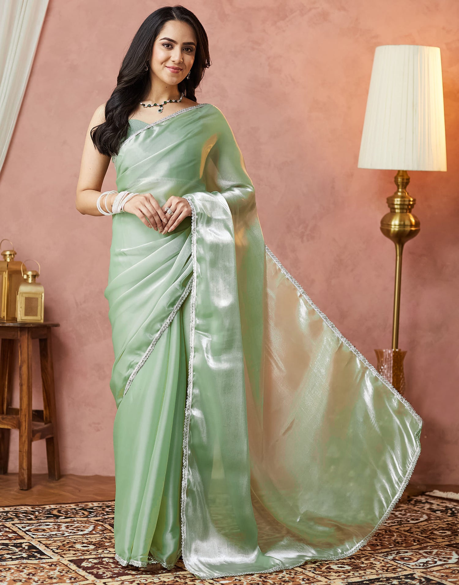 Light Pista Green Silk Lace Plain Saree