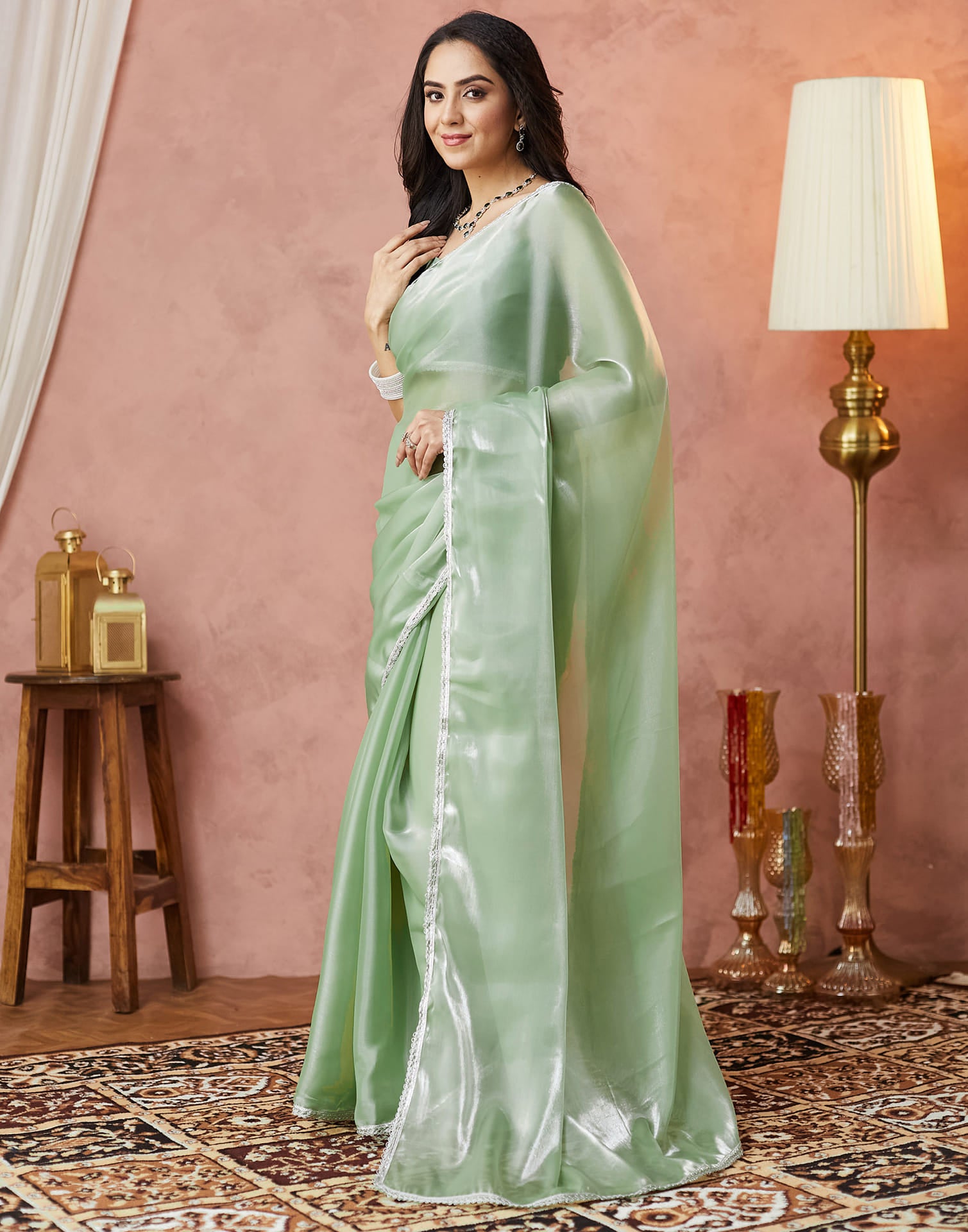 Light Pista Green Silk Lace Plain Saree