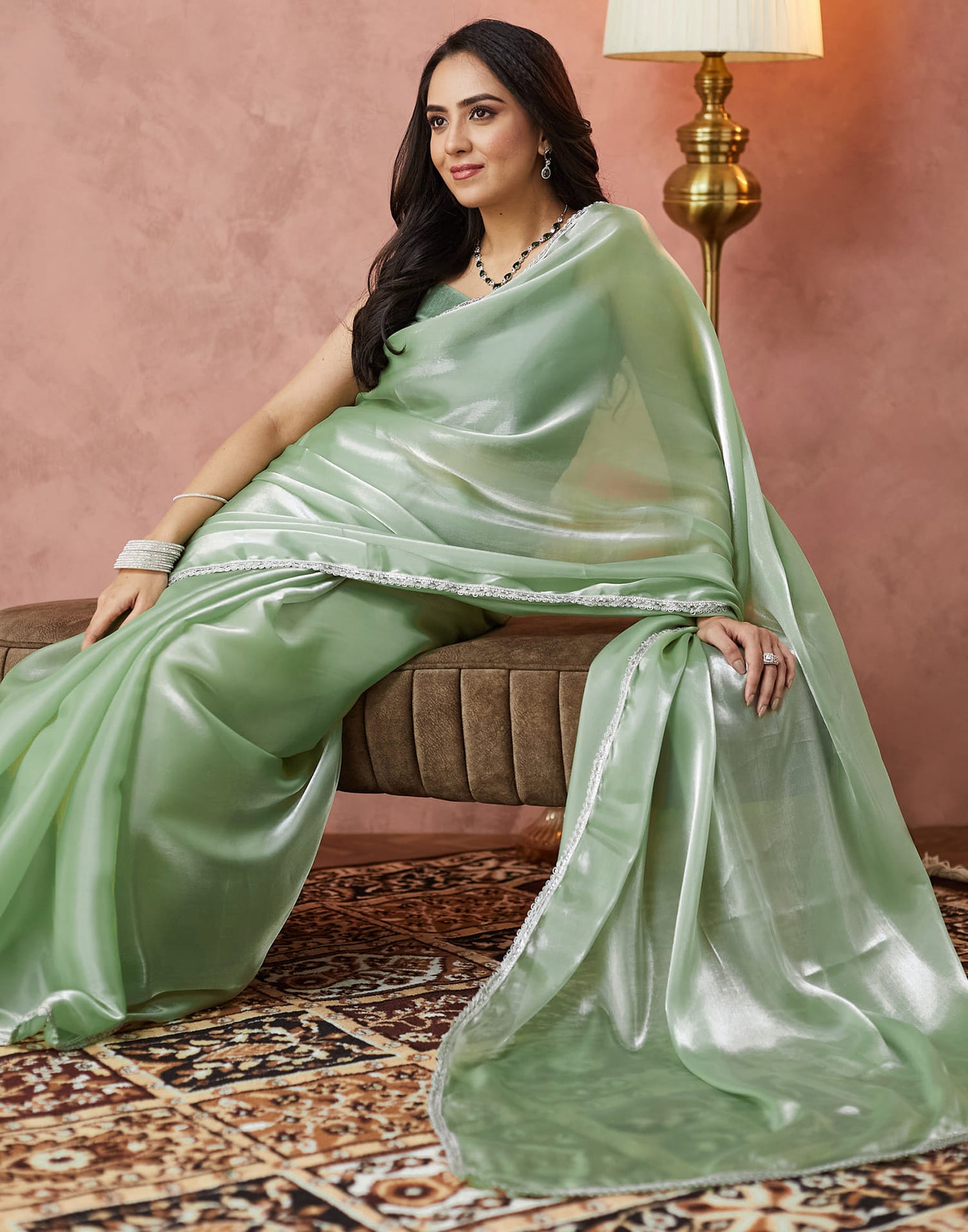 Light Pista Green Silk Lace Plain Saree