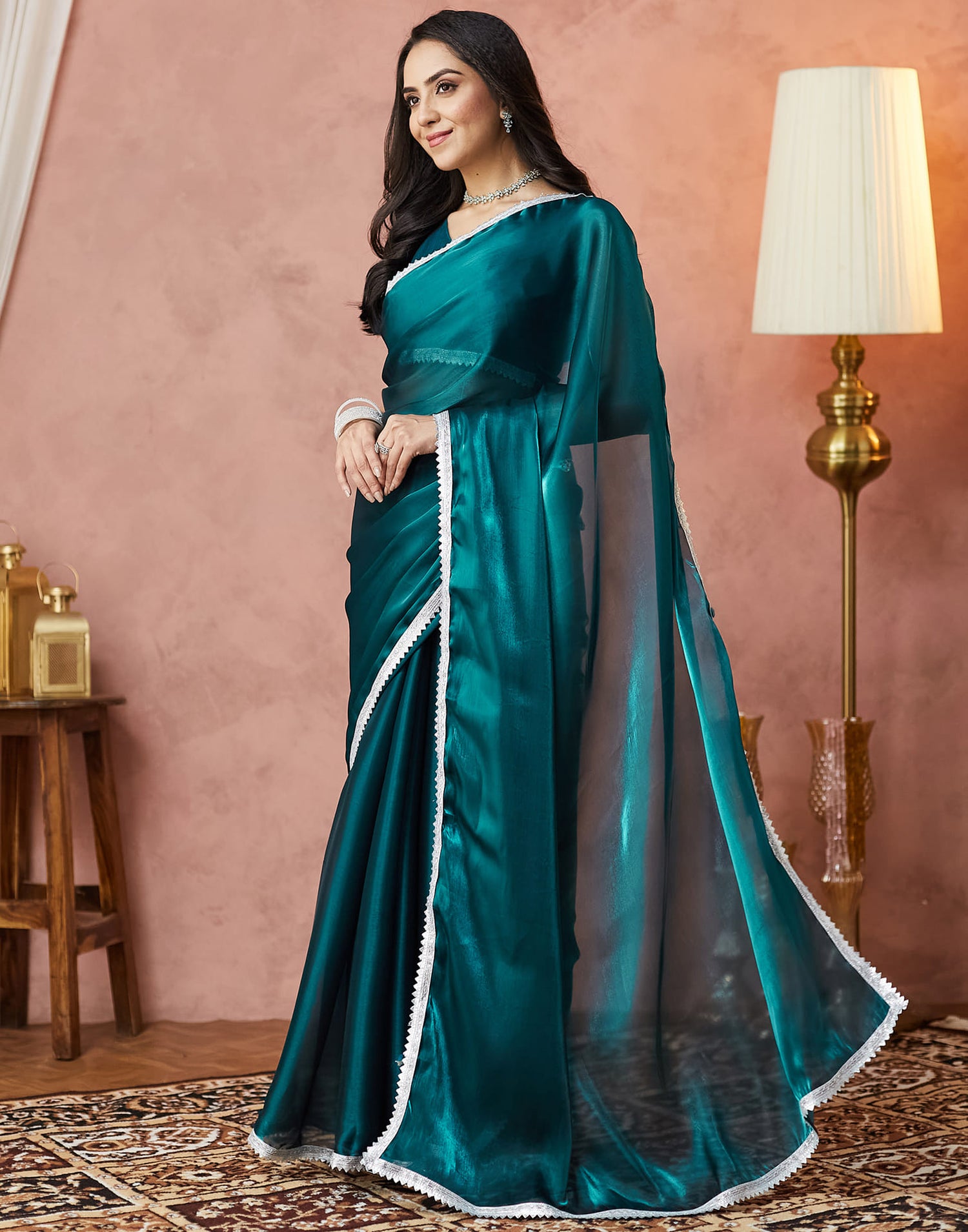 Rama Green Silk Lace Plain Saree