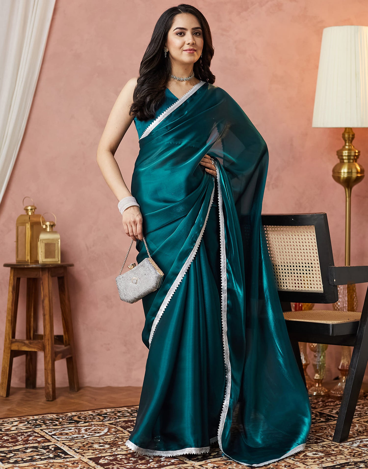 Rama Green Silk Lace Plain Saree