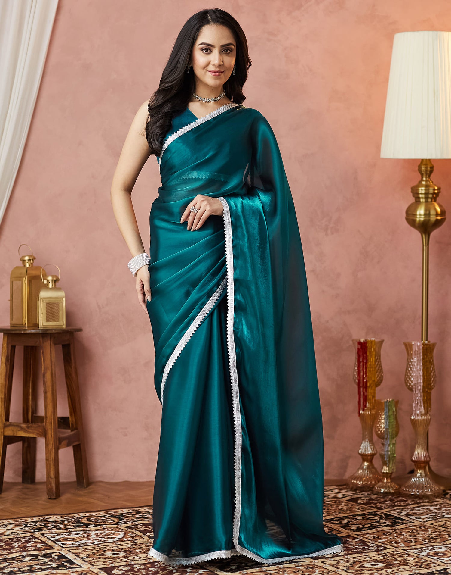 Rama Green Silk Lace Plain Saree