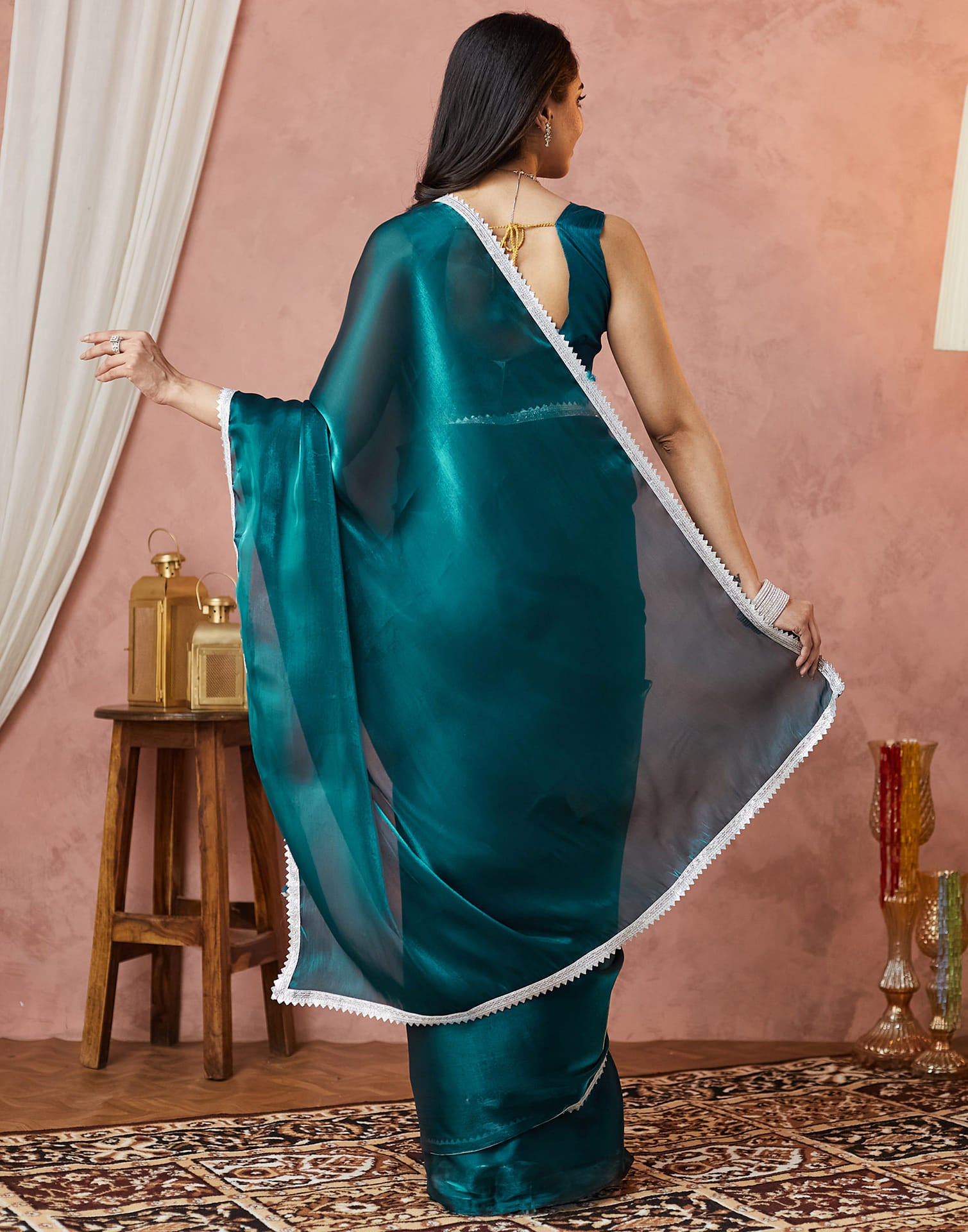 Rama Green Silk Lace Plain Saree