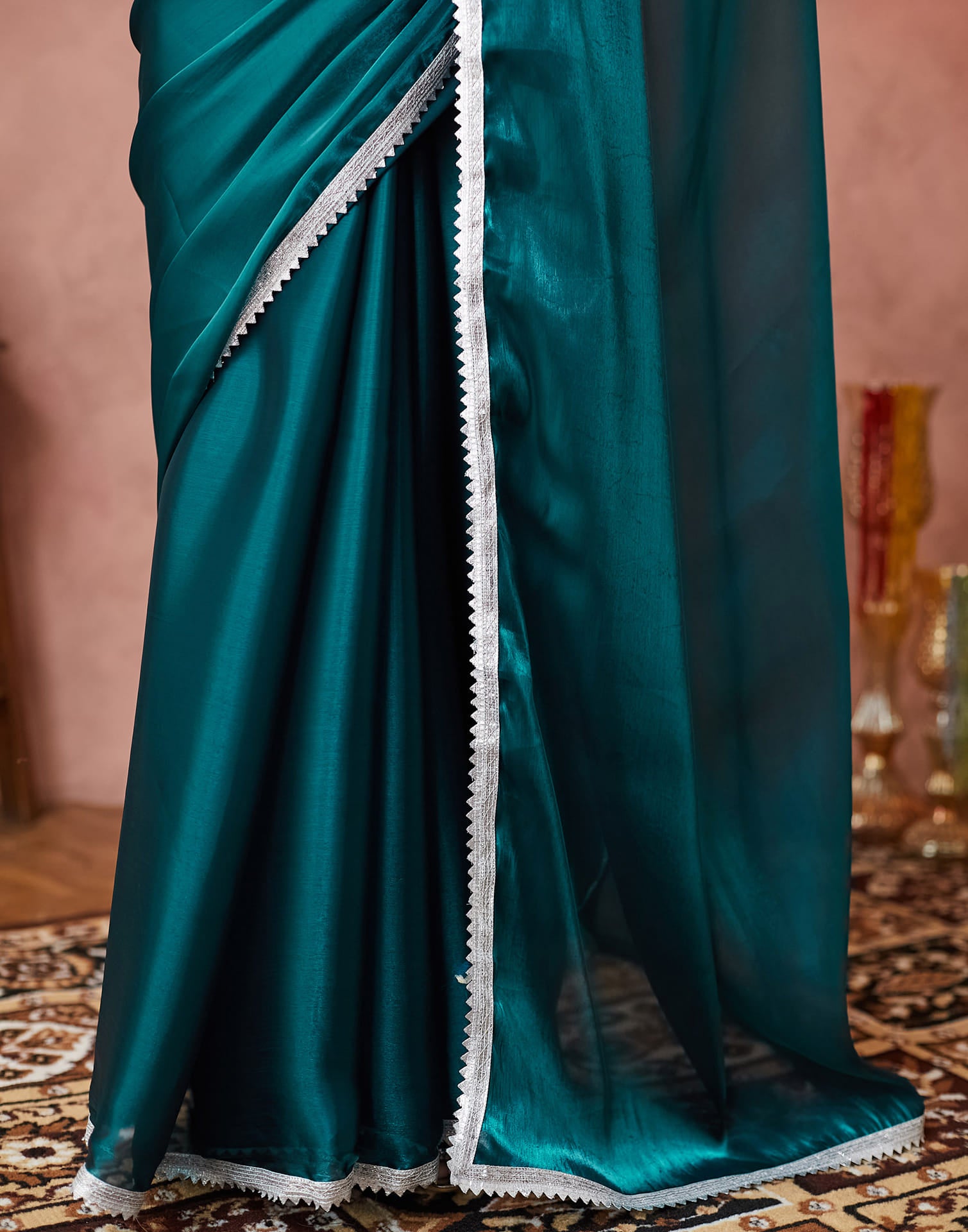 Rama Green Silk Lace Plain Saree