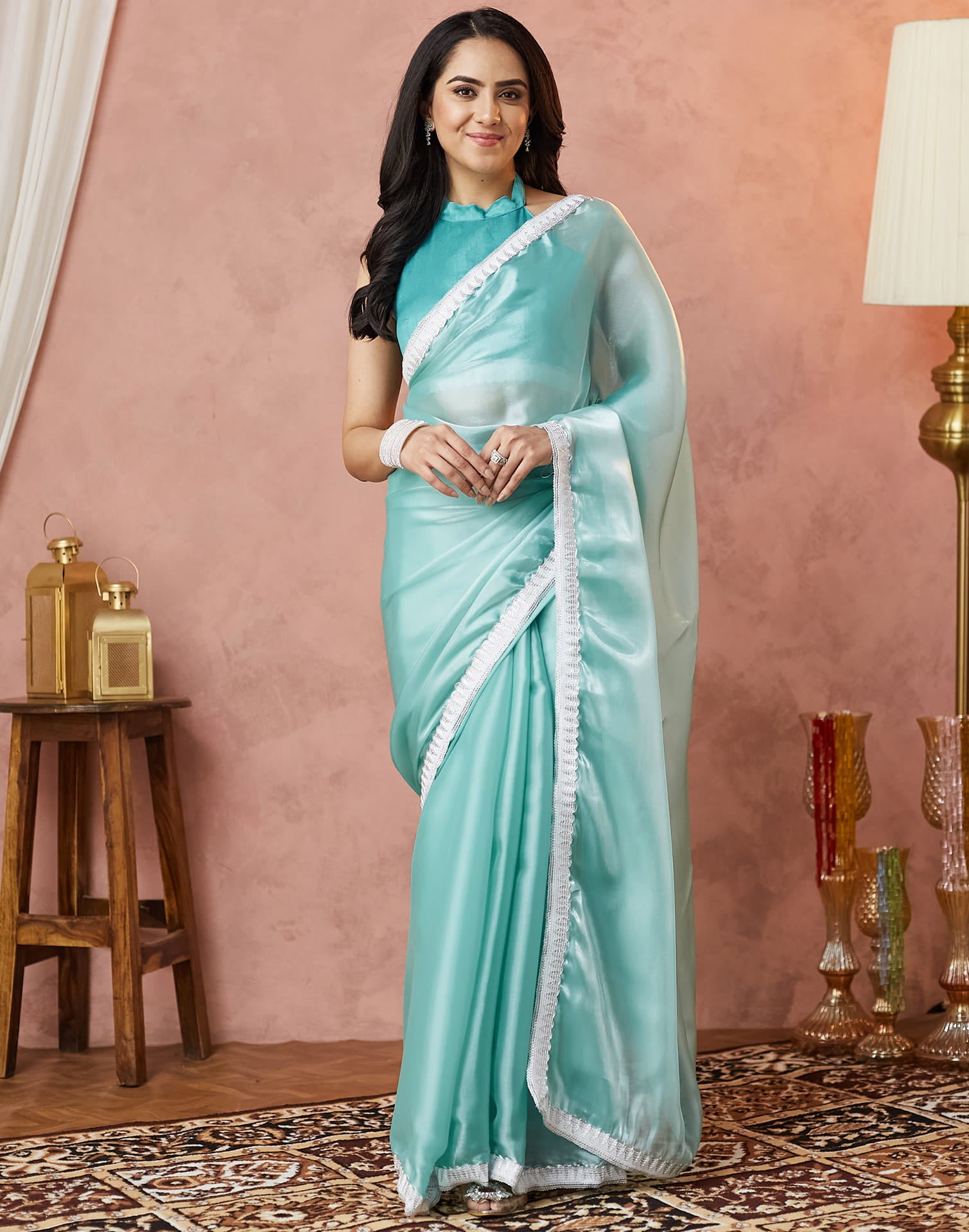 Light Turquoise Silk Lace Plain Saree