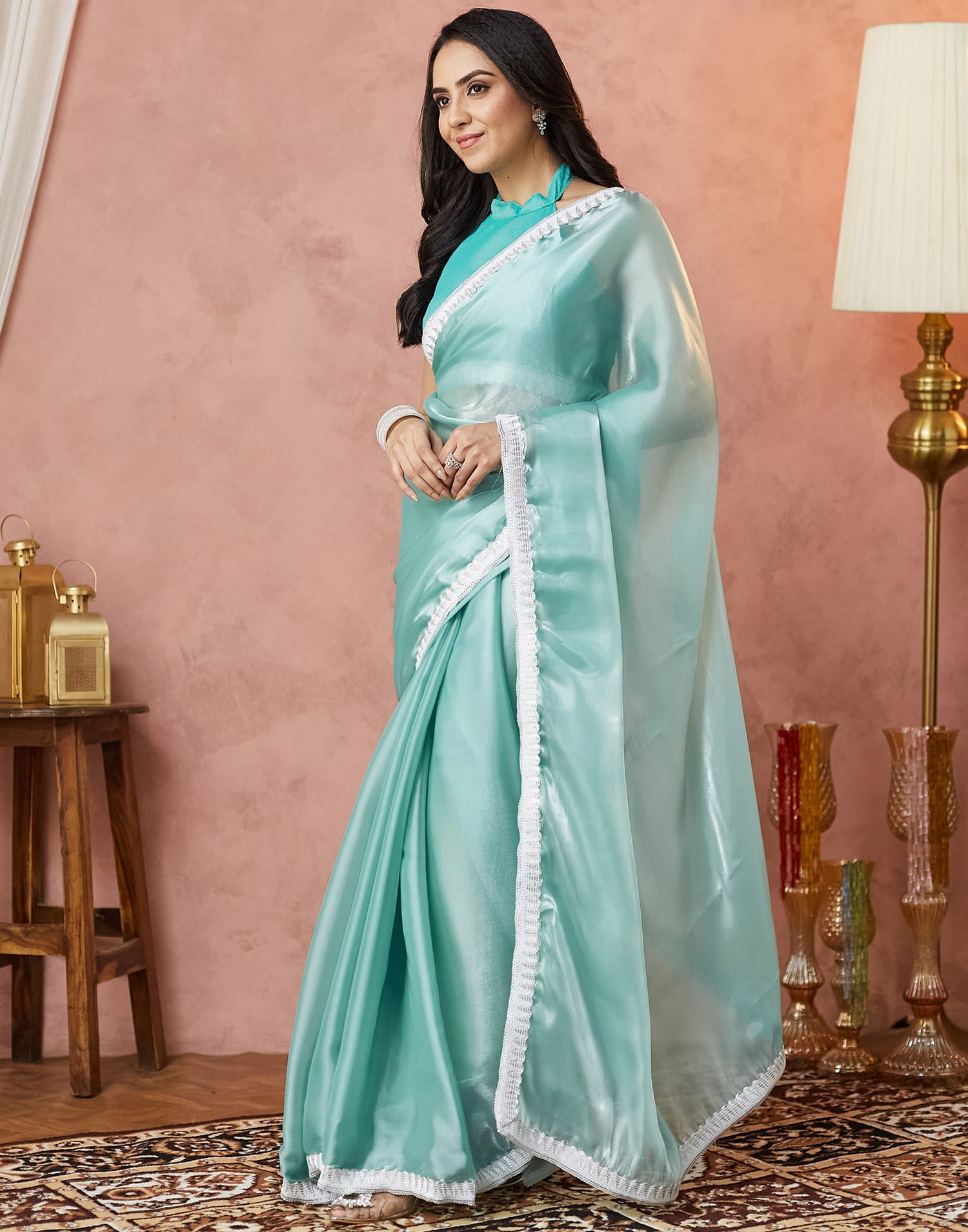 Light Turquoise Silk Lace Plain Saree