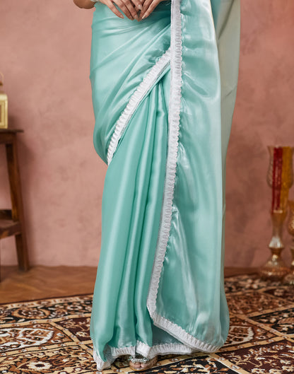 Light Turquoise Silk Lace Plain Saree