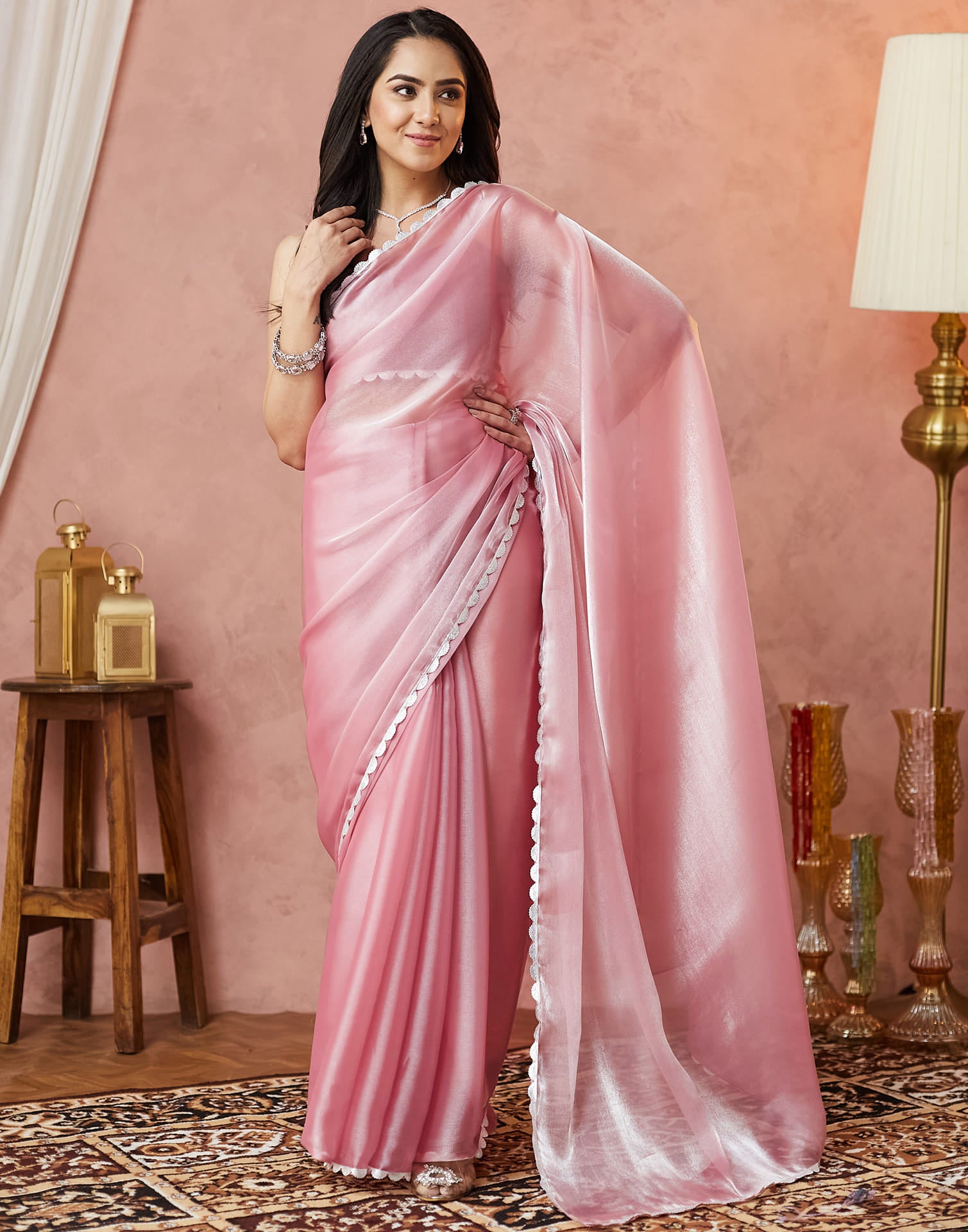 Light Pink Silk Lace Plain Saree