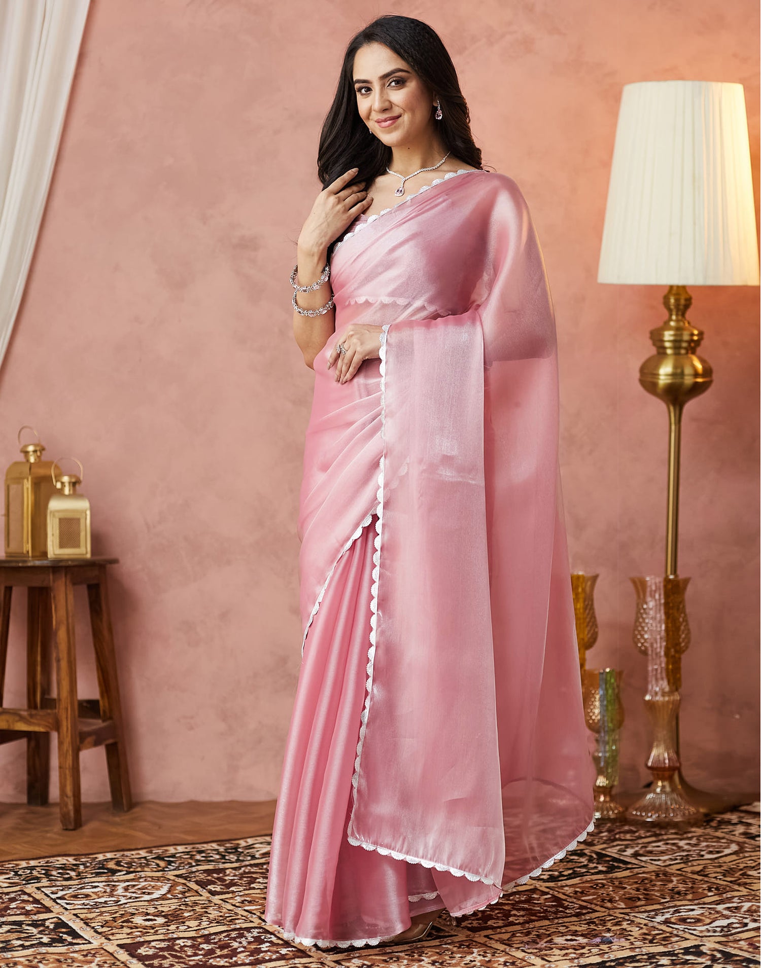 Light Pink Silk Lace Plain Saree