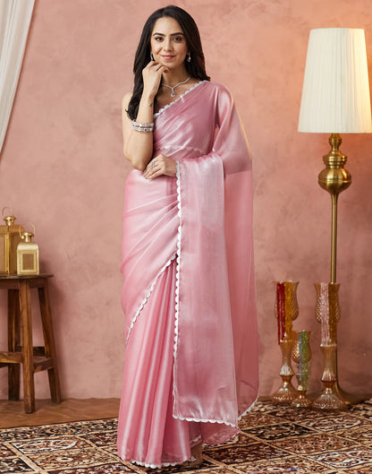 Light Pink Silk Lace Plain Saree