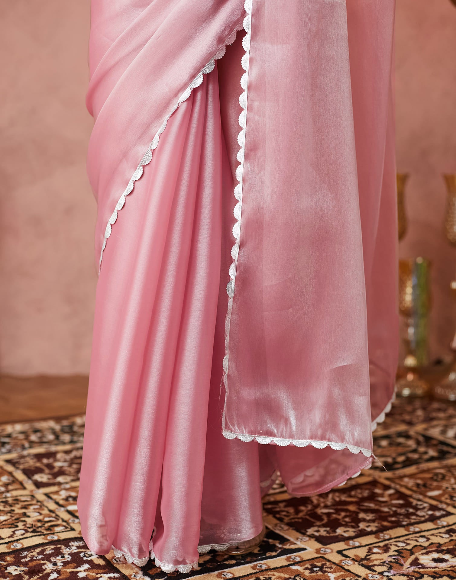 Light Pink Silk Lace Plain Saree