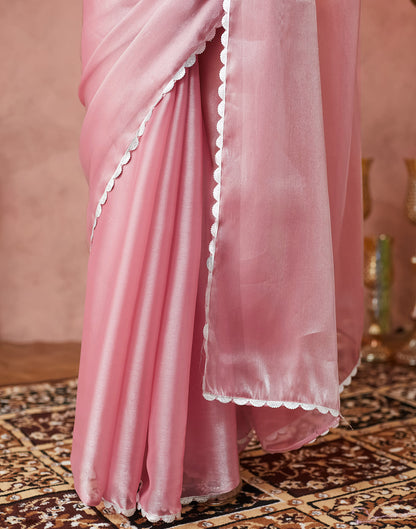 Light Pink Silk Lace Plain Saree