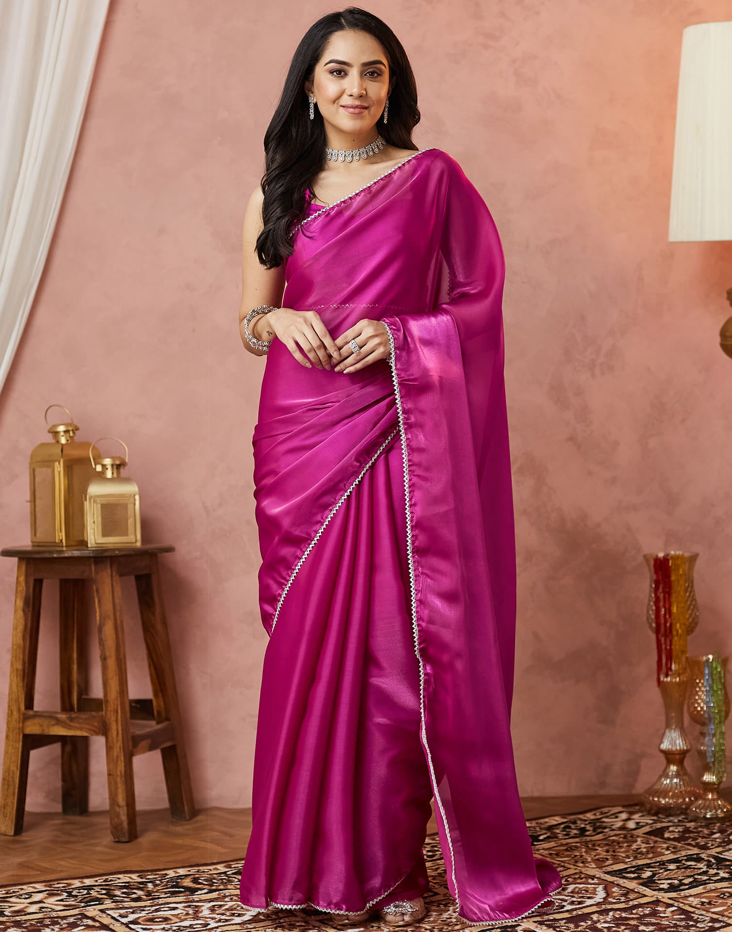 Rani Pink Silk Lace Plain Saree