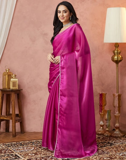 Rani Pink Silk Lace Plain Saree