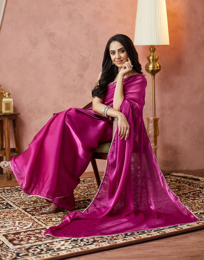 Rani Pink Silk Lace Plain Saree