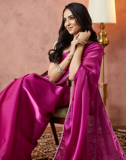 Rani Pink Silk Lace Plain Saree