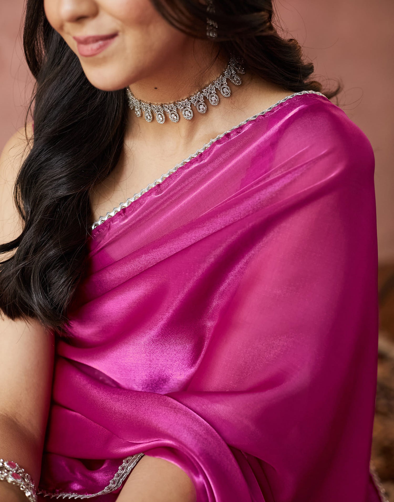 Rani Pink Silk Lace Plain Saree