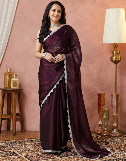 Wine Silk Lace Plain Saree