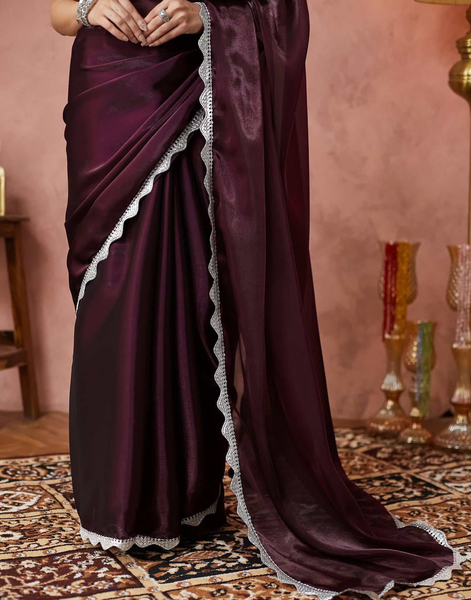 Wine Silk Lace Plain Saree