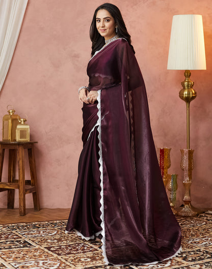 Wine Silk Lace Plain Saree