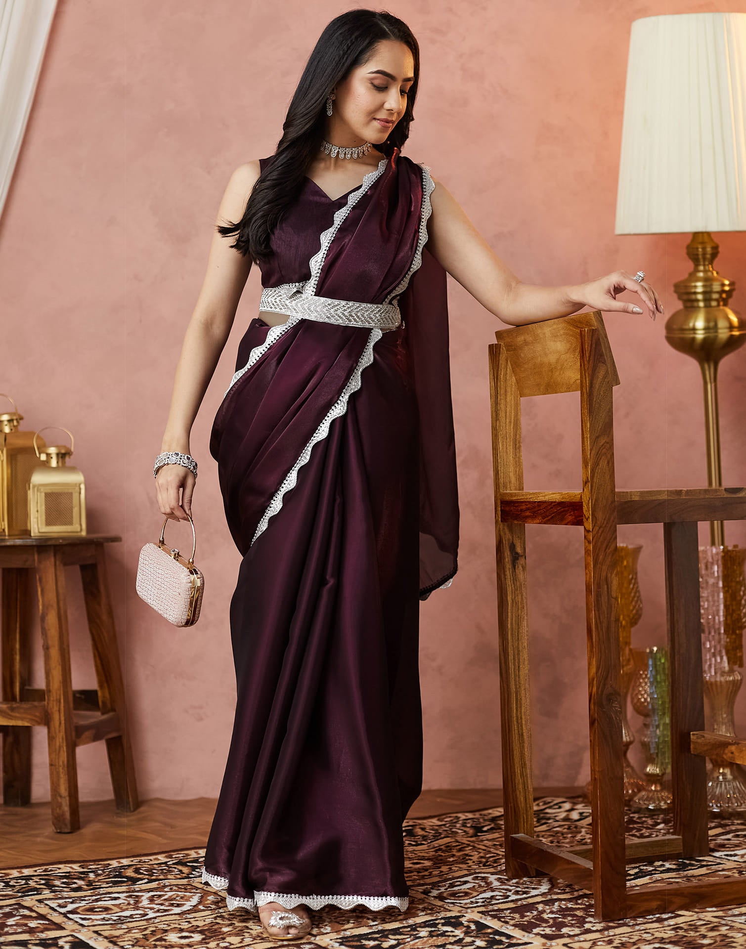 Wine Silk Lace Plain Saree