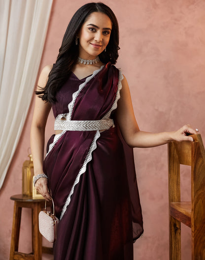 Wine Silk Lace Plain Saree