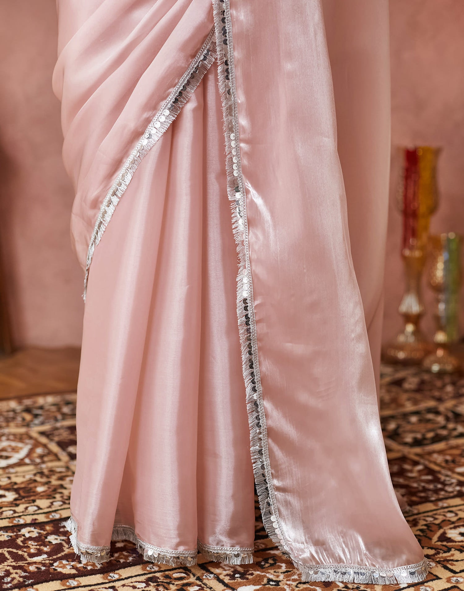 Light Rose Pink Silk Lace Plain Saree