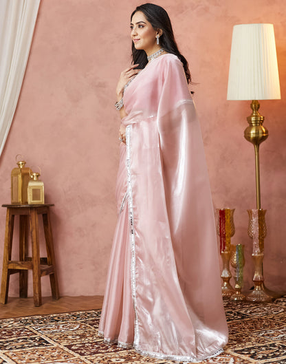 Light Rose Pink Silk Lace Plain Saree