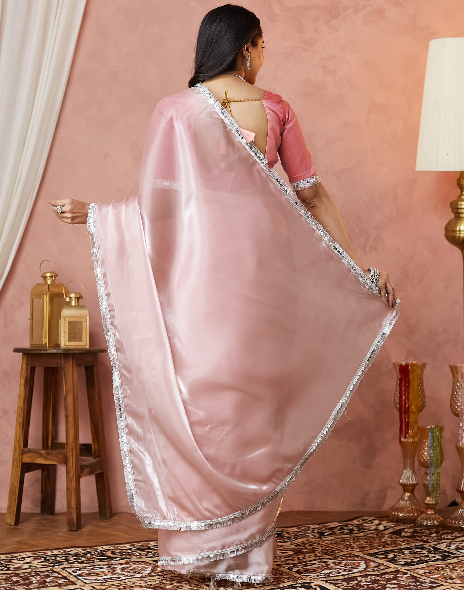 Light Rose Pink Silk Lace Plain Saree