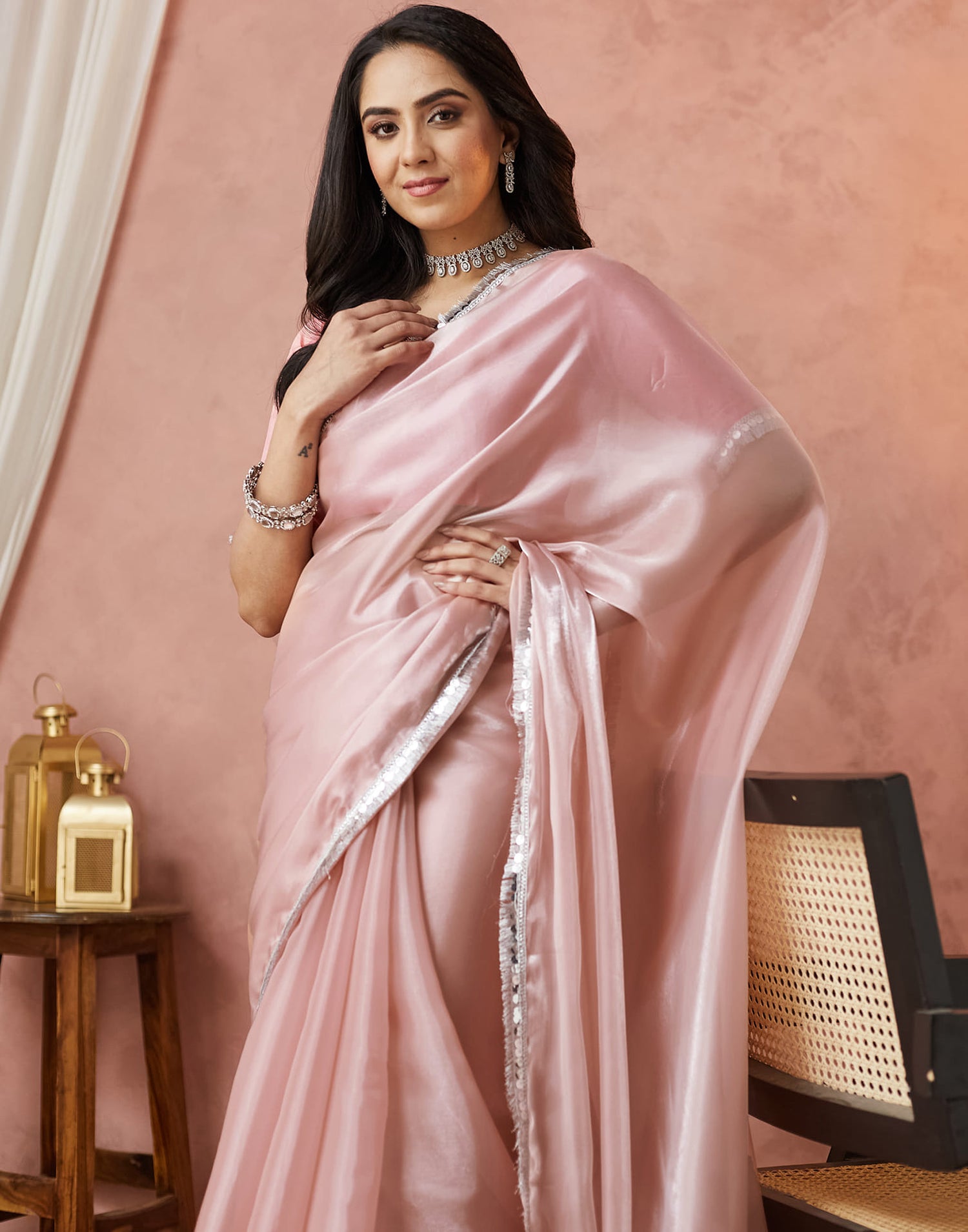 Light Rose Pink Silk Lace Plain Saree