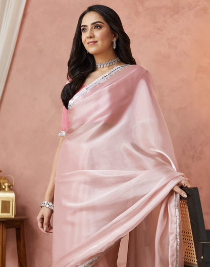 Light Rose Pink Silk Lace Plain Saree