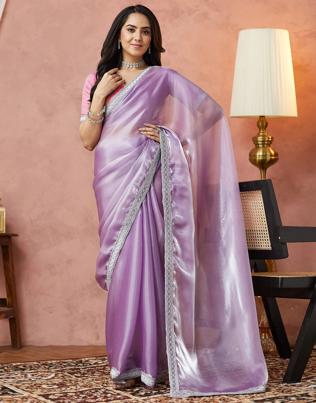 Light Purple Silk Lace Plain Saree