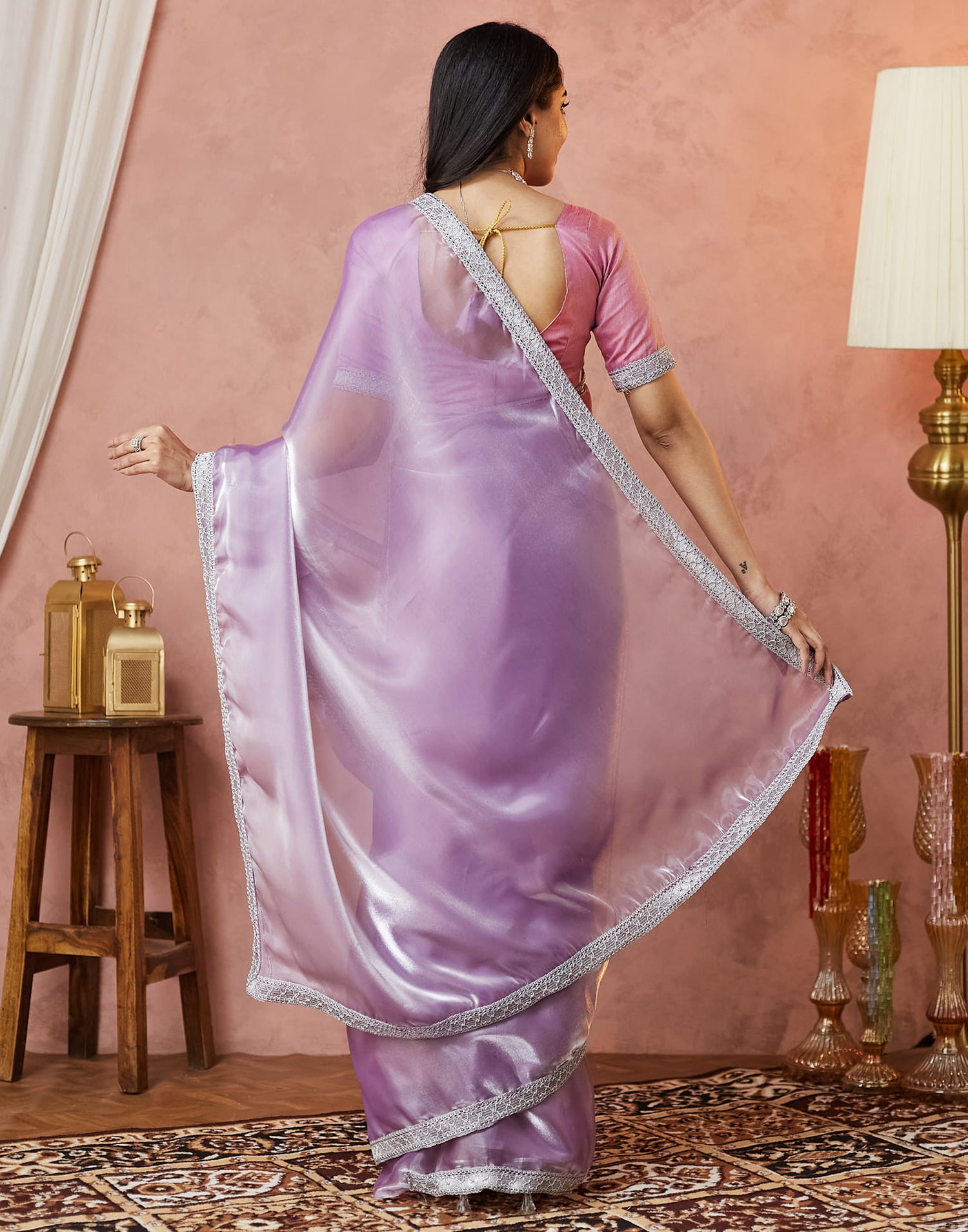 Light Purple Silk Lace Plain Saree