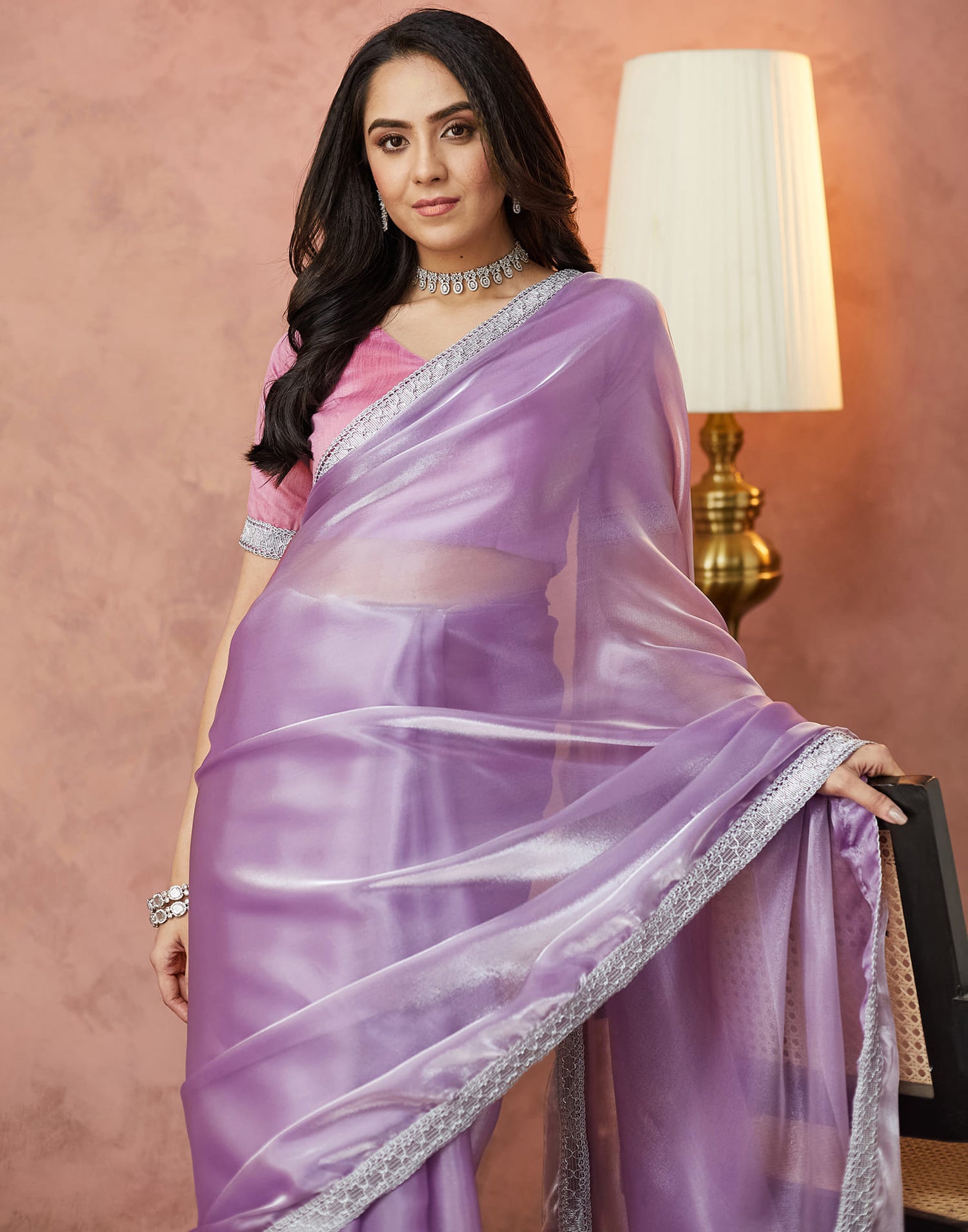 Light Purple Silk Lace Plain Saree