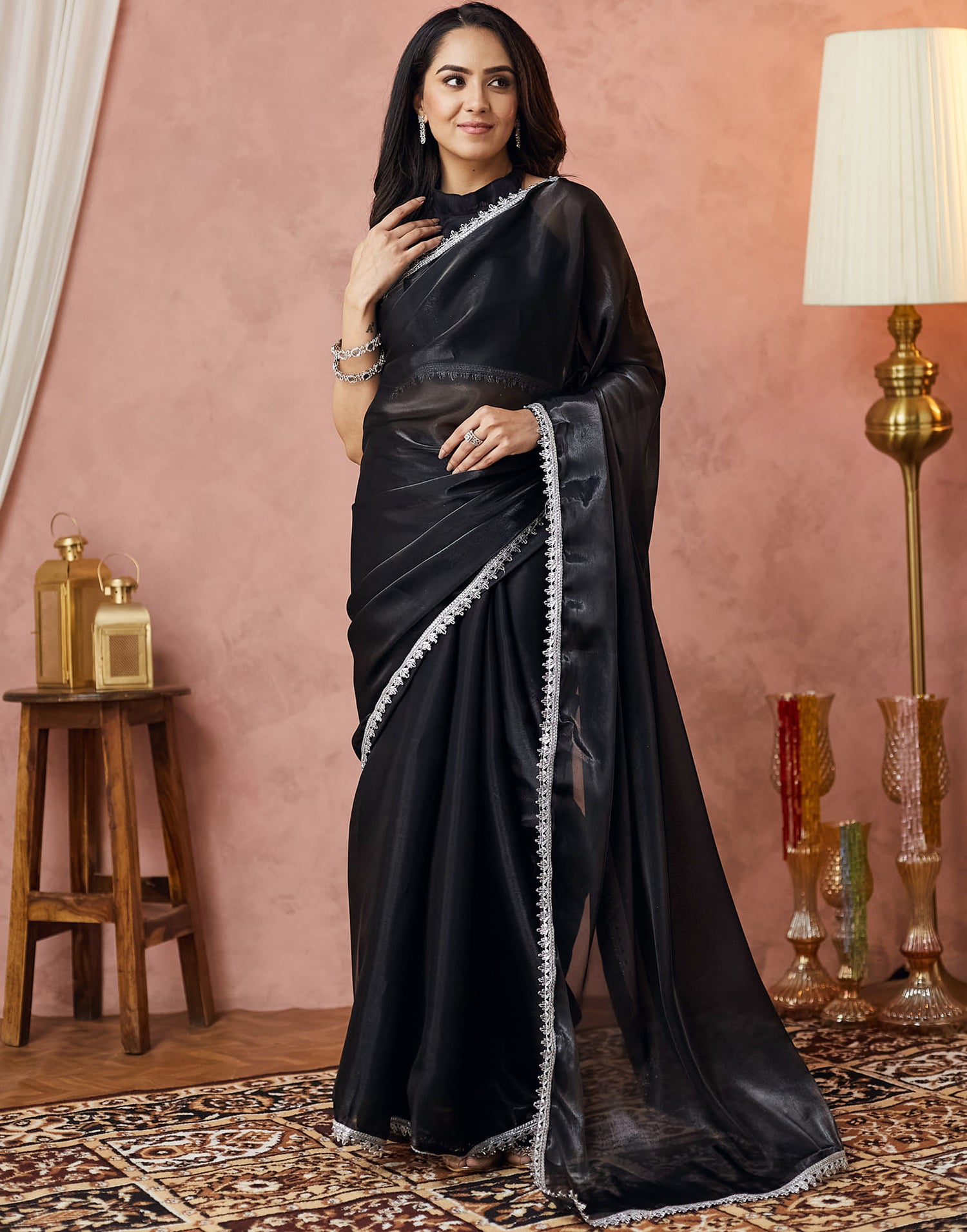 Black Silk Lace Plain Saree