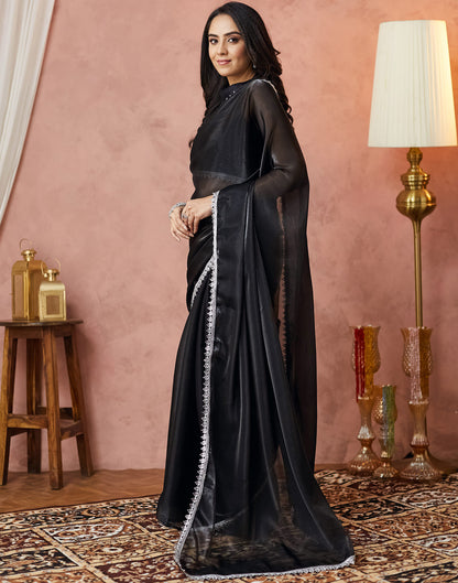 Black Silk Lace Plain Saree